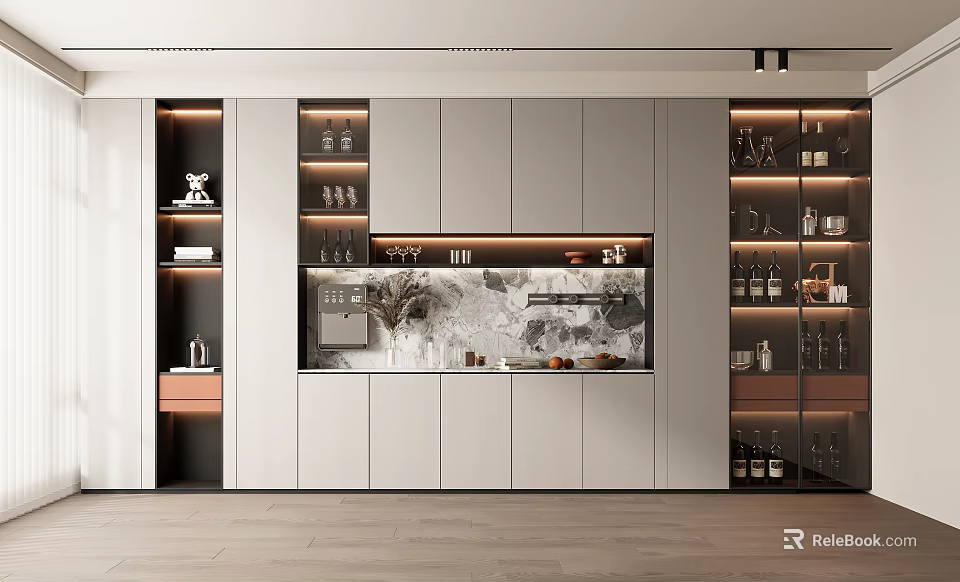 Elegant Modern Wine Cabinet In Kitchen Interior With Glass Doors LED Lighting And Wine Bottles 3d model 