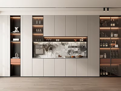 Elegant Modern Wine Cabinet In Kitchen Interior With Glass Doors LED Lighting And Wine Bottles 3d model