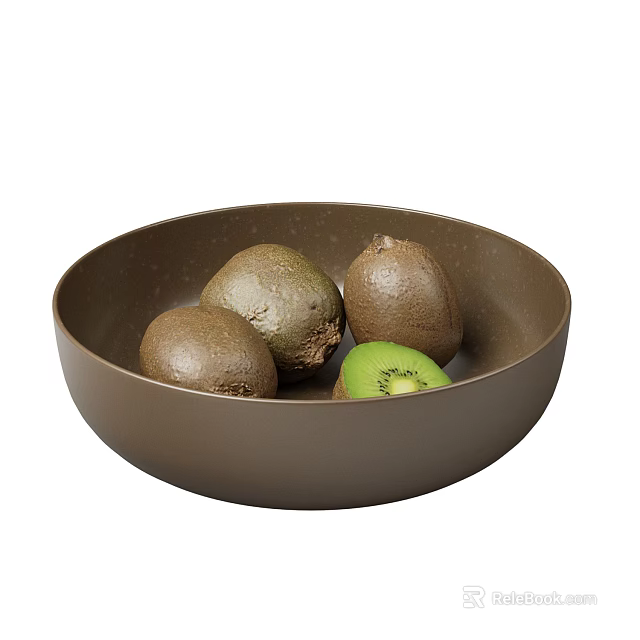 Fresh Kiwi Fruits in Brown Bowl with Sliced Green Flesh 3d model 