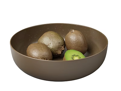 Fresh Kiwi Fruits in Brown Bowl with Sliced Green Flesh 3d model