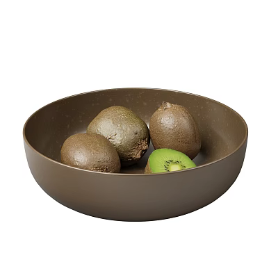 Fresh Kiwi Fruits in Brown Bowl with Sliced Green Flesh 3d model