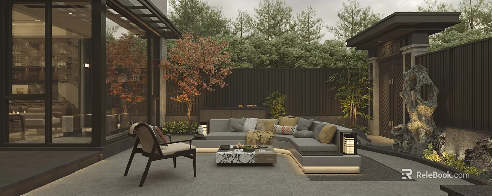 Modern Garden Landscape With Outdoor Sofa Greenery Fence And Patio Lighting 3d model 