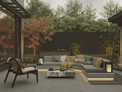 Modern Garden Landscape With Outdoor Sofa Greenery Fence And Patio Lighting 3d model