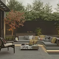 Modern Garden Landscape With Outdoor Sofa Greenery Fence And Patio Lighting