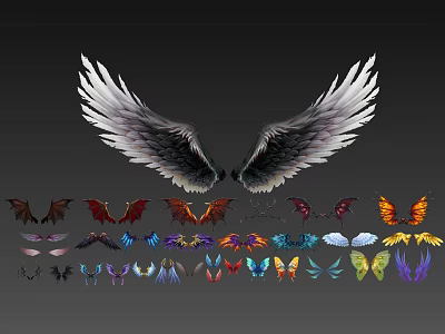 Decorative Wall Decor Featuring Feather Wings And Colorful Butterfly Designs 3d model