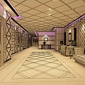 Luxurious Modern Elevator Hallway With Chandelier Lighting Red Carpet Red Sofas And Decorative Walls