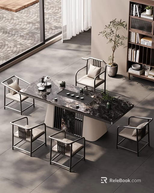 Elegant Tea Room Interior With Marble Top Tea Table Comfortable Chairs And Tea Sets 3d model