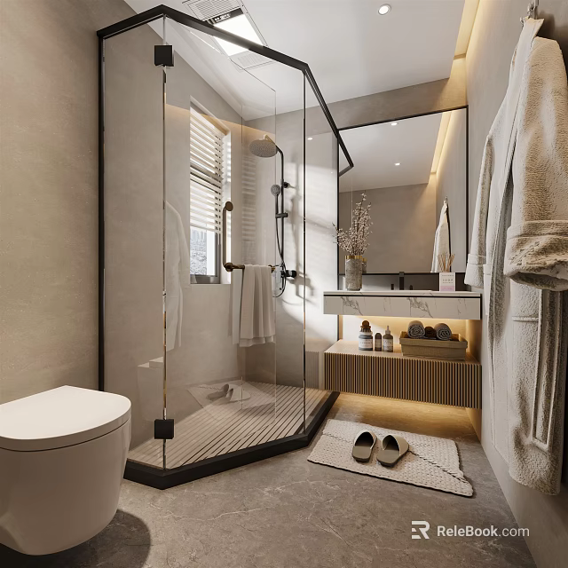 Modern Bathroom Interior Featuring Glass Shower Enclosure Large Mirror Vanity And Towels 3d model 