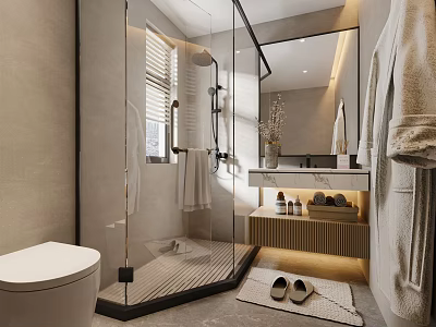 Modern Bathroom Interior Featuring Glass Shower Enclosure Large Mirror Vanity And Towels 3d model