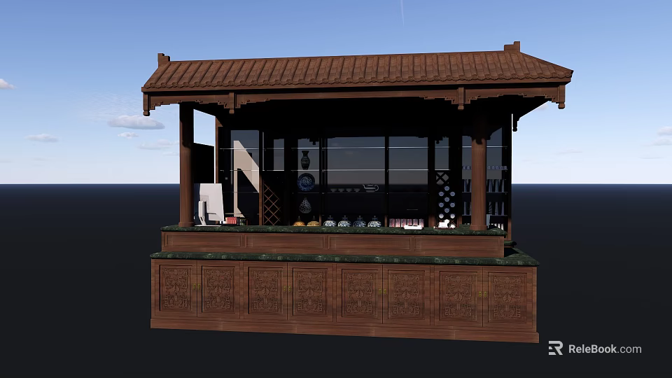 Chinese Style Wooden Garden Ornament Pavilion With Carved Counter And Decorative Roof 3d model 