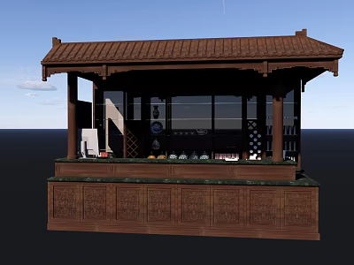 Chinese Style Wooden Garden Ornament Pavilion With Carved Counter And Decorative Roof 3d model