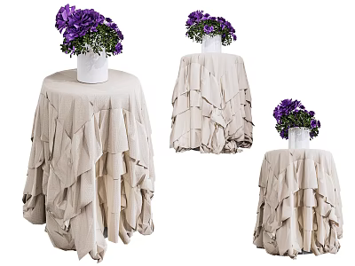Round Tables With Beige Ruffled Tablecloths And Purple Flowers 3d model