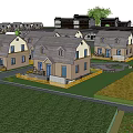 Designed Garden Landscape With Houses Pond Green Lawns Paths And Greenhouses