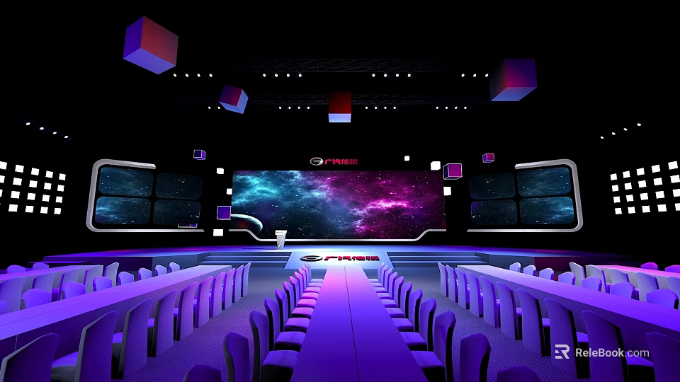 Modern Tech Stage With Starry Sky Large Screen Hanging Cube Decorations And Purple Blue Lighting 3d model