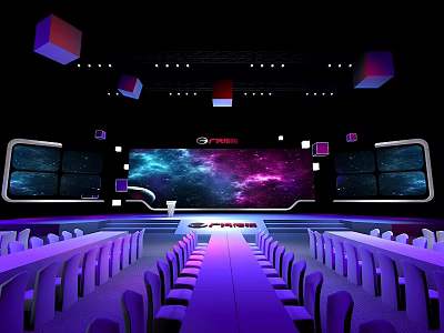 Modern Tech Stage With Starry Sky Large Screen Hanging Cube Decorations And Purple Blue Lighting 3d model