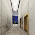Office Hallway Featuring Brown Vertical Striped Walls White Ceiling Marble Reception Desk And Large Windows