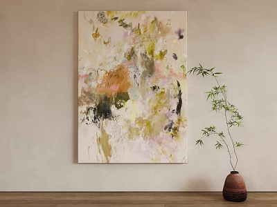 Colorful Abstract Painting Hanging On Beige Wall With Brown Vase And Bamboo Plant 3d model
