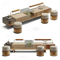 Modern Public Chair Bench With Wooden Frame Glass Container And White Cushion Stools