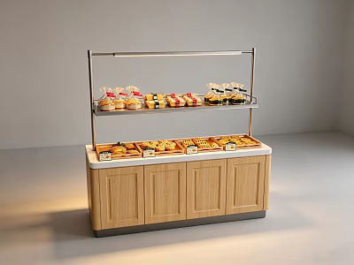Wooden Two Tier Display Shelf With Pastries Sushi And Food Items 3d model