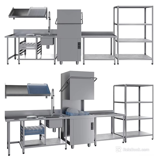 Commercial Kitchen Equipment With Stainless Steel Worktables Dishwasher Sink And Shelving 3d model 