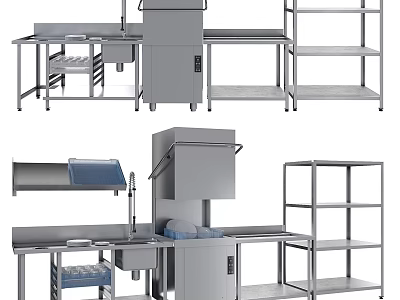 Commercial Kitchen Equipment With Stainless Steel Worktables Dishwasher Sink And Shelving 3d model