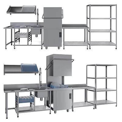 Commercial Kitchen Equipment With Stainless Steel Worktables Dishwasher Sink And Shelving 3d model