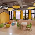 Kindergarten Corridor With Yellow Doors Wooden Walls Green Plants And Sofa Seats Bright Lighting Fixtures