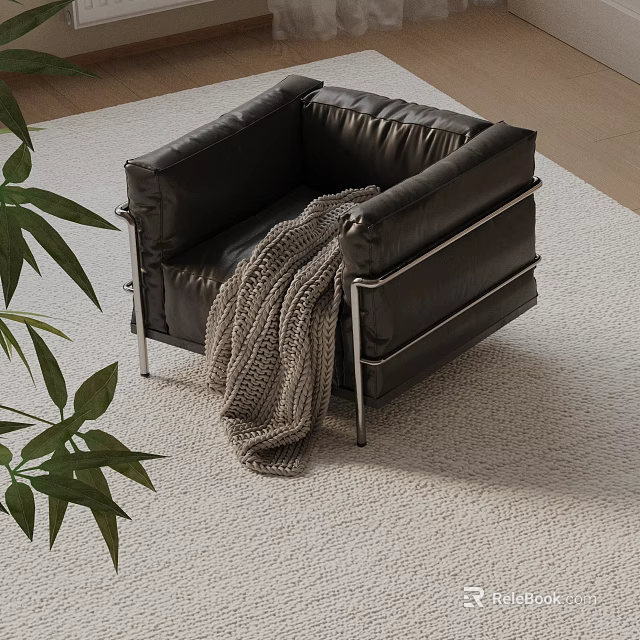Black Leather Accent Chair With Metal Frame Gray Knitted Blanket On Light Rug Green Plant 3d model 