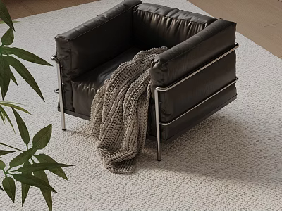 Black Leather Accent Chair With Metal Frame Gray Knitted Blanket On Light Rug Green Plant 3d model