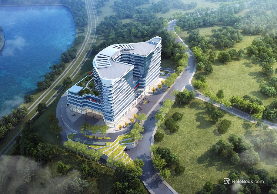 Modern Hospital Building With Curved Architecture Surrounded By Lakeside Greenery And Trees 3d model 