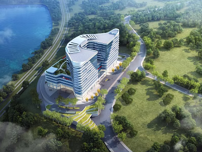 Modern Hospital Building With Curved Architecture Surrounded By Lakeside Greenery And Trees 3d model