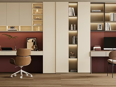 Modern Home Office Desk with Built in Bookshelves Comfortable Chair and Warm Lighting 3d model