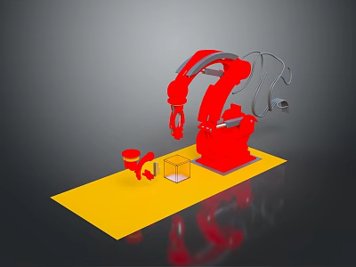 Red Robot Character From Game Movie With Mechanical Arm On Yellow Platform And Transparent Cube 3d model