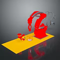 Red Robot Character From Game Movie With Mechanical Arm On Yellow Platform And Transparent Cube