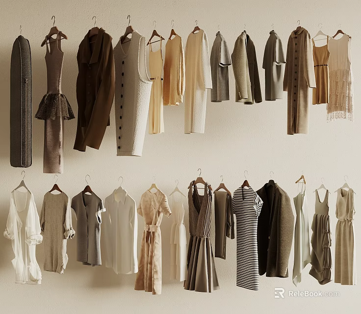 Various Styles Different Colors Clothes Hanging On Hangers Against Light Colored Wall 3d model 