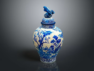 Blue and White Decorative Porcelain Vase With Dragon Lid And Tree Patterns 3d model