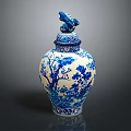 Blue and White Decorative Porcelain Vase With Dragon Lid And Tree Patterns