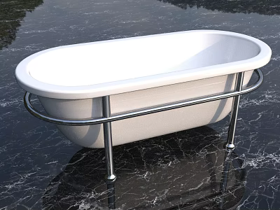 Modern White Bathtub With Chrome Metal Stand On Black Marble Floor 3d model