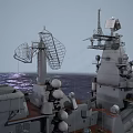 Naval Warship Sailing on Ocean Waves With Military Deck and Equipment