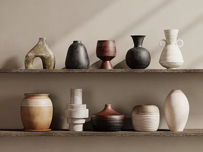 Ceramic Vases Of Various Shapes Colors Arranged On Shelves With Soft Natural Light 3d model