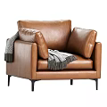 Stylish Modern Brown Leather Single Sofa Chair With Knitted Throw Blanket And Sleek Metal Legs