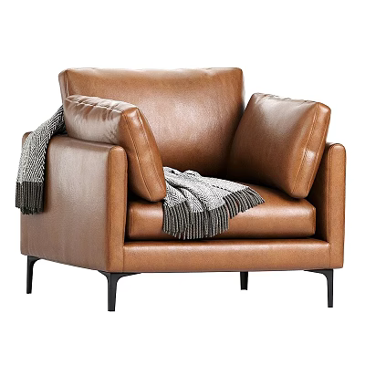 Stylish Modern Brown Leather Single Sofa Chair With Knitted Throw Blanket And Sleek Metal Legs 3d model