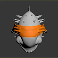 Silver Fish Head 3D Model With Orange Strap And Spikes On Metallic Reflective Surface 3d model