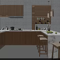 Modern Kitchen With Wooden Cabinets Marble Countertop Island Bar Stools And Patterned Backsplash 3d model