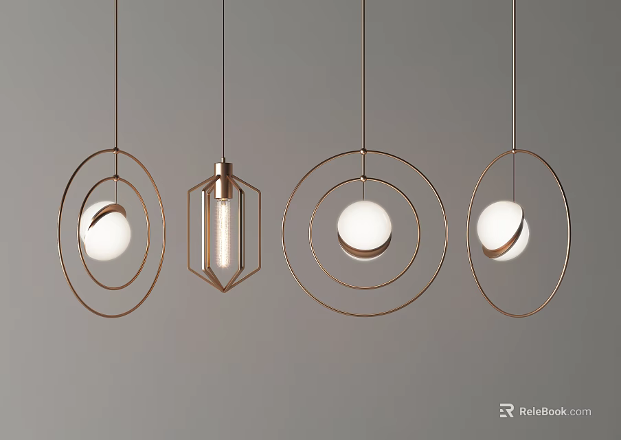 Modern Pendant Lights With Metal Frame White Bulbs And Circular Hexagonal Designs 3d model