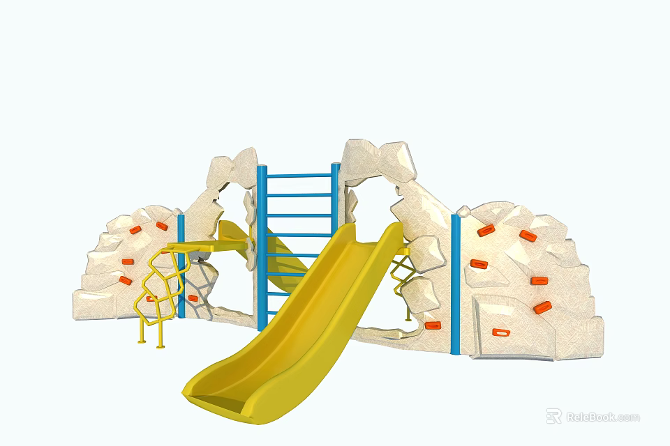 Playground Equipment Featuring Yellow Slide Blue Ladder And Rock Climbing Wall 3d model 