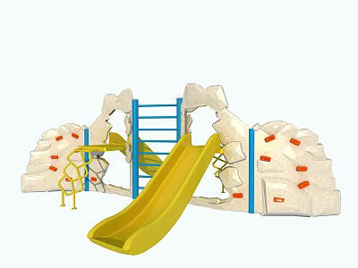 Playground Equipment Featuring Yellow Slide Blue Ladder And Rock Climbing Wall 3d model