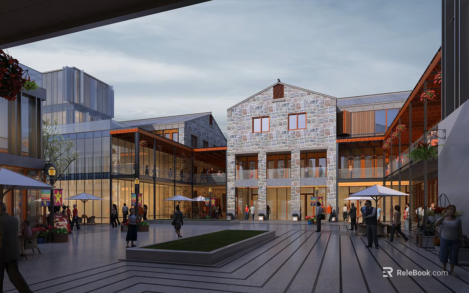 Traditional Modern Fusion Commercial Street With Open Square Shops And Pedestrians 3d model 