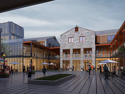 Traditional Modern Fusion Commercial Street With Open Square Shops And Pedestrians 3d model