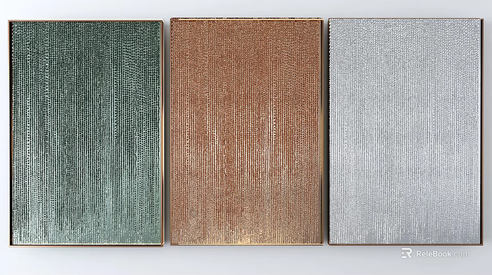Three Textured Wall Art Paintings In Green Brown Silver Framed For Home Decor 3d model